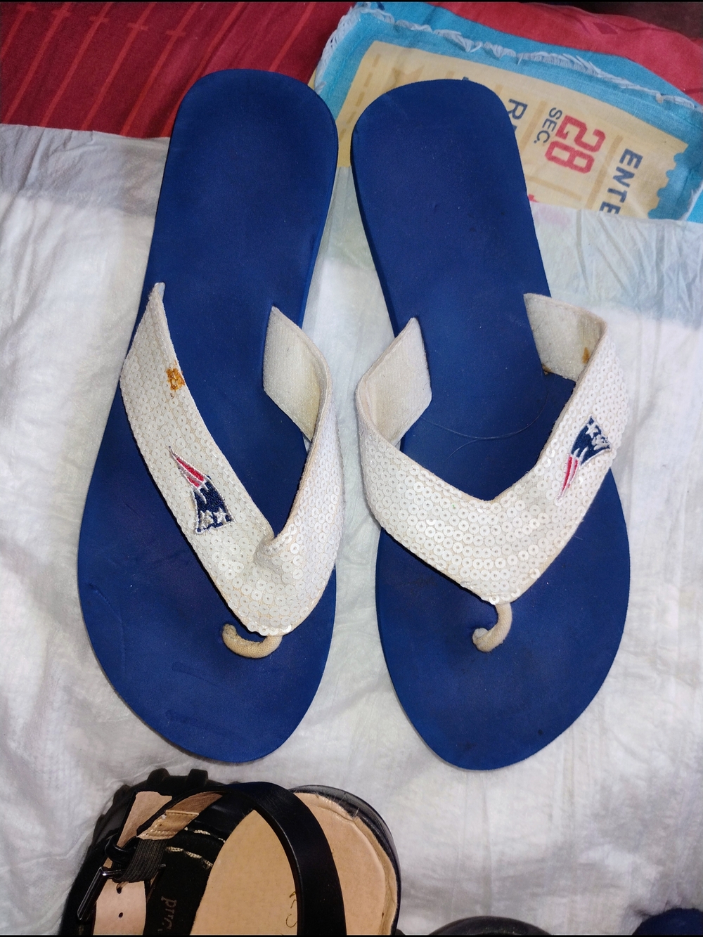 Navy Blue Women's Sequin Strap Flip Flop Sandals With Patriots Logo